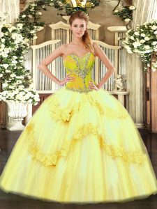 Custom Made Floor Length Yellow 15th Birthday Dress Tulle Sleeveless Beading and Ruffles