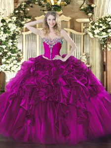 Floor Length Ball Gowns Sleeveless Fuchsia Quince Ball Gowns Lace Up