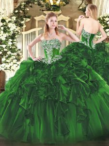Dark Green Lace Up Ball Gown Prom Dress Beading and Ruffles Sleeveless Floor Length