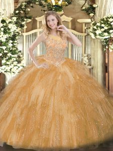 Glamorous Gold Sleeveless Tulle Zipper 15th Birthday Dress for Military Ball and Sweet 16 and Quinceanera