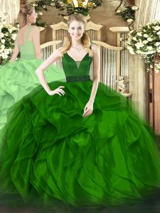 Green Zipper Quinceanera Gown Beading and Ruffles Sleeveless Floor Length