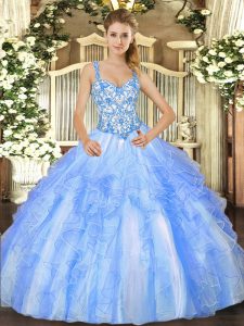 Blue And White Ball Gowns Beading and Ruffles Sweet 16 Dresses Lace Up Organza Sleeveless Floor Length