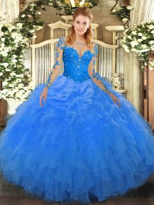 Inexpensive Blue Lace Up Scoop Lace and Ruffles Sweet 16 Dresses Organza Long Sleeves