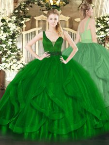 Dark Green Ball Gowns Tulle Straps Sleeveless Beading and Ruffles Floor Length Zipper 15th Birthday Dress