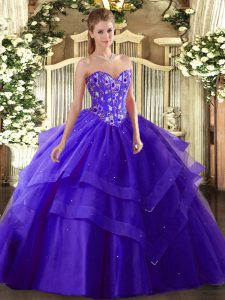 Fantastic Sleeveless Floor Length Embroidery and Ruffled Layers Lace Up Quince Ball Gowns with Purple