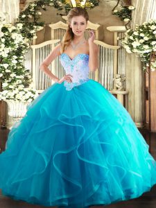 Low Price Sweetheart Sleeveless Quinceanera Gowns Floor Length Beading and Ruffles Aqua Blue Tulle