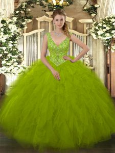 Elegant Sleeveless Floor Length Beading and Ruffles Zipper Quinceanera Dress with Olive Green