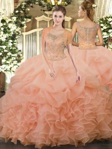 Scoop Sleeveless 15th Birthday Dress Floor Length Beading and Ruffled Layers Peach Tulle