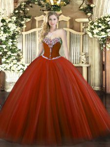 Rust Red Ball Gowns Tulle Sweetheart Sleeveless Beading Floor Length Lace Up Ball Gown Prom Dress