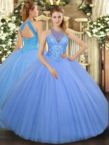 Floor Length Light Blue Ball Gown Prom Dress Tulle Sleeveless Beading