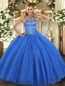 Blue Ball Gowns Halter Top Sleeveless Tulle Floor Length Lace Up Beading and Embroidery Quinceanera Gown