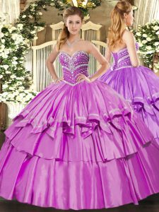 Hot Sale Sleeveless Organza and Taffeta Floor Length Lace Up Sweet 16 Dresses in Lilac with Beading and Ruffled Layers