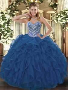 Inexpensive Sleeveless Floor Length Beading and Ruffled Layers Lace Up 15 Quinceanera Dress with Blue