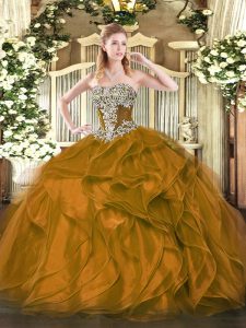 Flare Strapless Sleeveless Organza Vestidos de Quinceanera Beading and Ruffles Lace Up