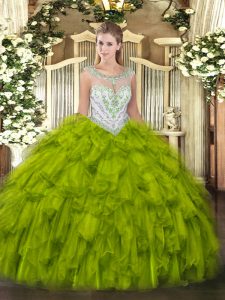 Flare Sleeveless Floor Length Beading and Ruffles Zipper Quinceanera Gowns with Olive Green
