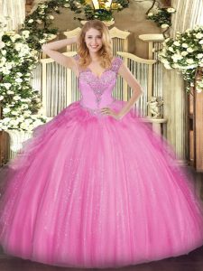 Exceptional Rose Pink Lace Up Sweet 16 Dresses Beading Sleeveless Floor Length