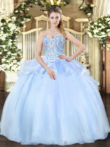 Sleeveless Floor Length Beading Lace Up Ball Gown Prom Dress with Light Blue