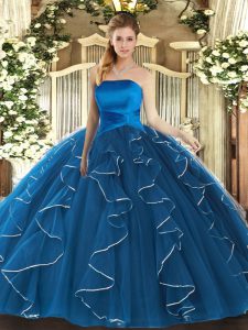 Enchanting Ball Gowns 15th Birthday Dress Blue Strapless Tulle Sleeveless Floor Length Lace Up