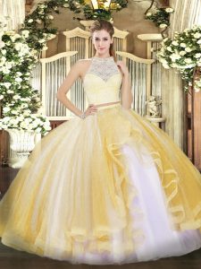 Nice Floor Length Gold 15th Birthday Dress Scoop Sleeveless Zipper