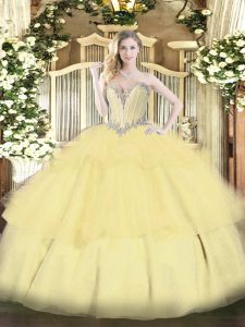 Traditional Gold Quince Ball Gowns Military Ball and Sweet 16 and Quinceanera with Beading and Ruffled Layers Sweetheart Sleeveless Lace Up