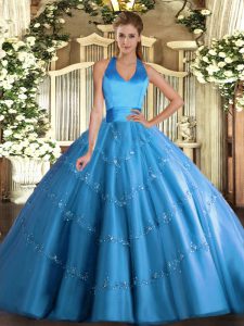 Halter Top Sleeveless Lace Up Sweet 16 Dress Baby Blue Tulle
