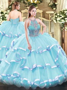 Aqua Blue Ball Gowns Beading and Ruffled Layers 15 Quinceanera Dress Lace Up Tulle Sleeveless Floor Length