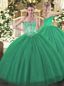 Floor Length Turquoise Ball Gown Prom Dress Tulle and Sequined Sleeveless Beading