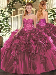 Burgundy Lace Up Sweet 16 Dresses Beading and Ruffles Sleeveless Floor Length