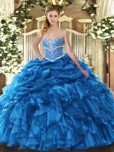 Dazzling Blue Ball Gowns Sweetheart Sleeveless Organza Floor Length Lace Up Beading and Ruffles and Pick Ups Quinceanera Gown