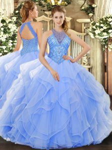Ball Gowns 15 Quinceanera Dress Light Blue High-neck Organza Sleeveless Floor Length Lace Up