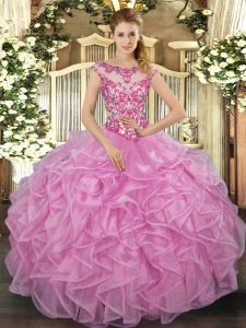 Glorious Lilac Organza Lace Up Scoop Cap Sleeves Floor Length 15 Quinceanera Dress Beading and Appliques and Ruffles