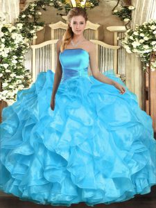 Organza Strapless Sleeveless Lace Up Ruffles 15 Quinceanera Dress in Aqua Blue