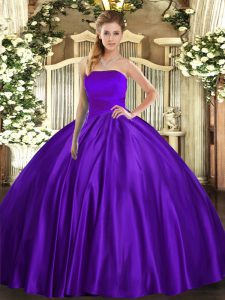 Sleeveless Satin Floor Length Lace Up Quinceanera Gowns in Purple with Ruching