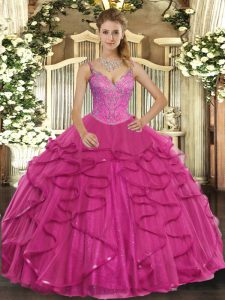 Popular Hot Pink Sleeveless Tulle Lace Up 15th Birthday Dress for Military Ball and Sweet 16 and Quinceanera