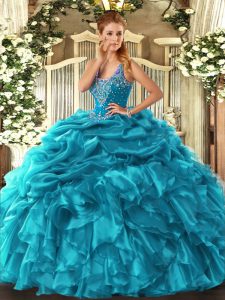 Straps Sleeveless Lace Up 15th Birthday Dress Teal Organza