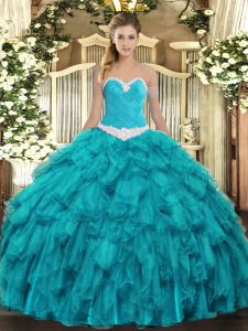 Admirable Teal Lace Up Ball Gown Prom Dress Appliques and Ruffles Sleeveless Floor Length
