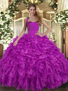 Fuchsia Ball Gowns Ruffles Vestidos de Quinceanera Lace Up Organza Sleeveless Floor Length