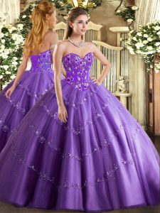 Popular Lavender Tulle Lace Up Sweetheart Sleeveless Floor Length Quince Ball Gowns Appliques and Embroidery