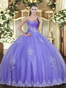 Romantic Lavender Ball Gowns Beading and Appliques Quince Ball Gowns Lace Up Tulle Sleeveless Floor Length
