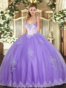Glittering Lavender Ball Gown Prom Dress Military Ball and Sweet 16 and Quinceanera with Beading and Appliques Sweetheart Sleeveless Lace Up