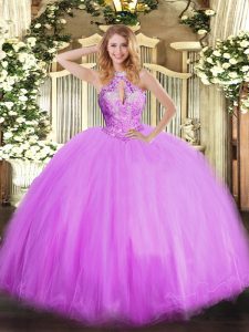 Lilac Sleeveless Floor Length Beading Lace Up Quince Ball Gowns