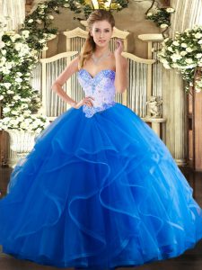 Tulle Sweetheart Sleeveless Lace Up Beading and Ruffles Quinceanera Dress in Blue