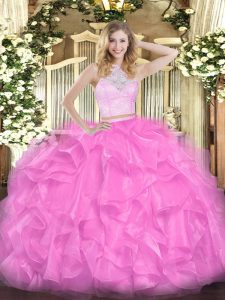 Low Price Rose Pink Sleeveless Organza Zipper Quinceanera Dresses for Military Ball and Sweet 16 and Quinceanera