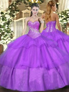 Lilac Tulle Lace Up 15 Quinceanera Dress Sleeveless Floor Length Beading and Ruffled Layers
