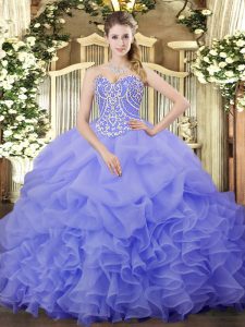 Glorious Floor Length Lace Up Quinceanera Dress Lavender for Military Ball and Sweet 16 and Quinceanera with Beading and Ruffles and Pick Ups