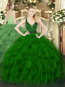 Ball Gowns Quinceanera Dresses Dark Green Straps Organza Sleeveless Floor Length Zipper