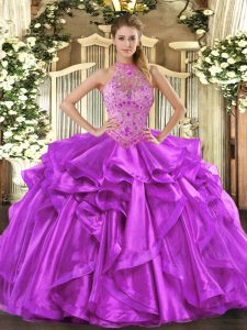 Luxurious Purple Organza Lace Up Halter Top Sleeveless Floor Length Vestidos de Quinceanera Beading and Embroidery and Ruffles
