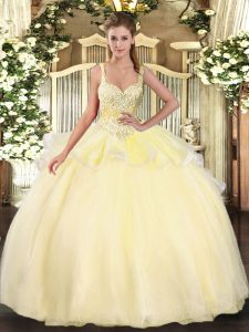 Floor Length Gold Ball Gown Prom Dress Organza Sleeveless Beading