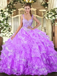 Floor Length Lace Up Sweet 16 Dress Lilac for Military Ball and Sweet 16 and Quinceanera with Beading and Ruffled Layers