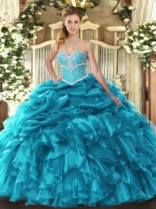 Trendy Teal Ball Gowns Sweetheart Sleeveless Organza Floor Length Lace Up Beading and Ruffles and Pick Ups Sweet 16 Quinceanera Dress